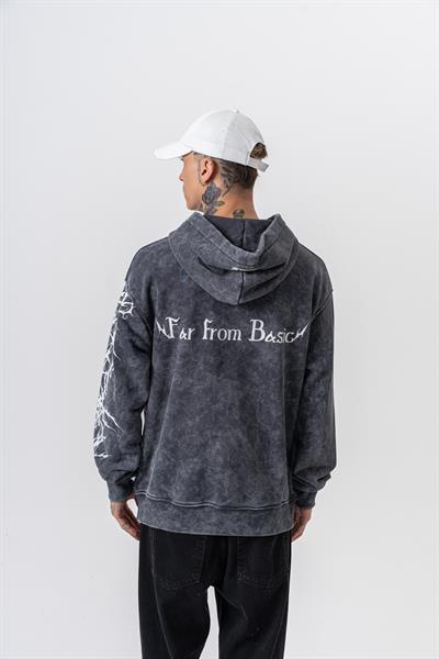 Erkek Far From Basic Baskılı Yıkamalı Kapüşonlu Oversize Hoodie Siyah