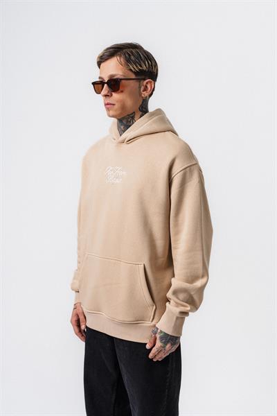 Erkek Far From Basic Nakışlı Kapüşonlu Oversize Hoodie Bej