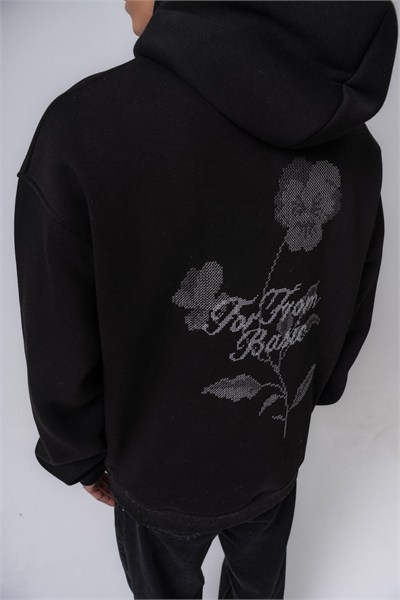 Erkek Far From Basic Nakışlı Kapüşonlu Oversize Hoodie Siyah
