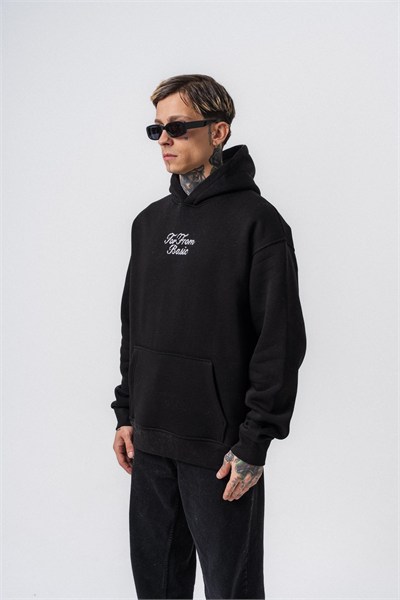 Erkek Far From Basic Nakışlı Kapüşonlu Oversize Hoodie Siyah