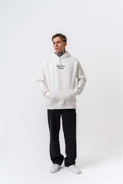 Erkek Far From Basic Nakışlı Kapüşonlu Oversize Hoodie Ekru