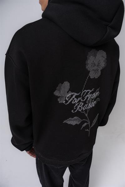 Erkek Far From Basic Nakışlı Kapüşonlu Oversize Hoodie Siyah