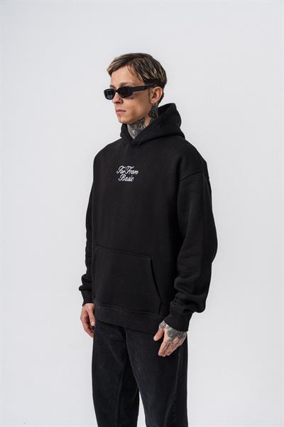 Erkek Far From Basic Nakışlı Kapüşonlu Oversize Hoodie Siyah