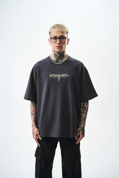 Erkek Feel Nakış Detaylı Oversize T-Shirt Füme