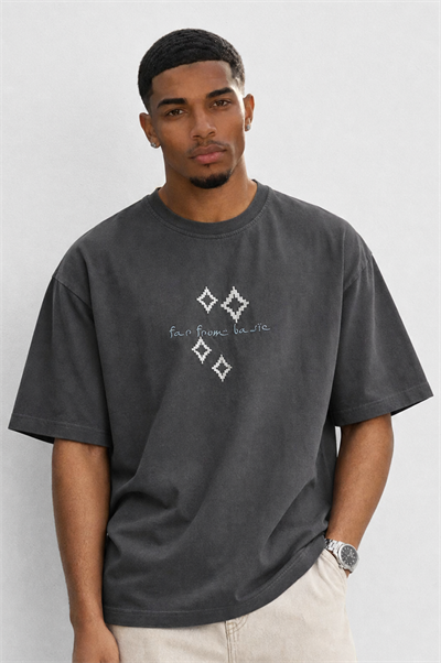 Erkek FFB Nakış Detaylı Oversize T-Shirt Füme