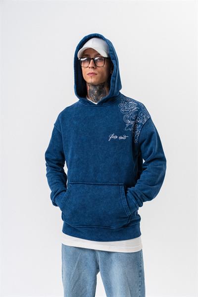 Erkek Fierce Baskılı Yıkamalı Kapüşonlu Oversize Hoodie İndigo