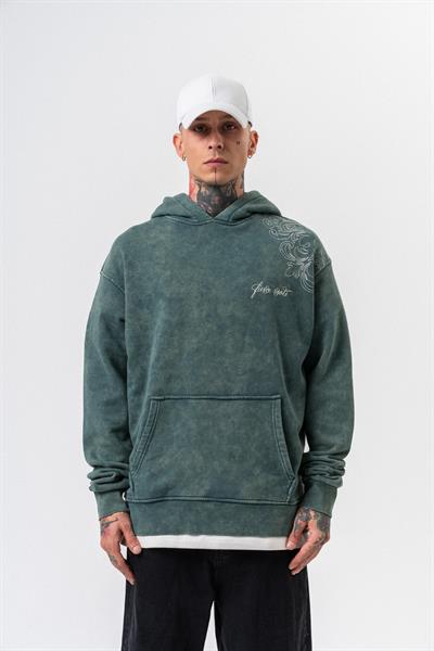 Erkek Fierce Baskılı Yıkamalı Kapüşonlu Oversize Hoodie Yeşil