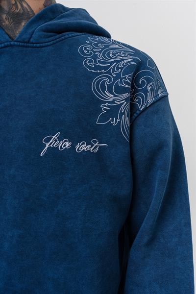 Erkek Fierce Baskılı Yıkamalı Kapüşonlu Oversize Hoodie İndigo