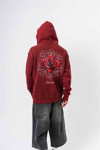 Erkek Fierce Baskılı Yıkamalı Kapüşonlu Oversize Hoodie Bordo