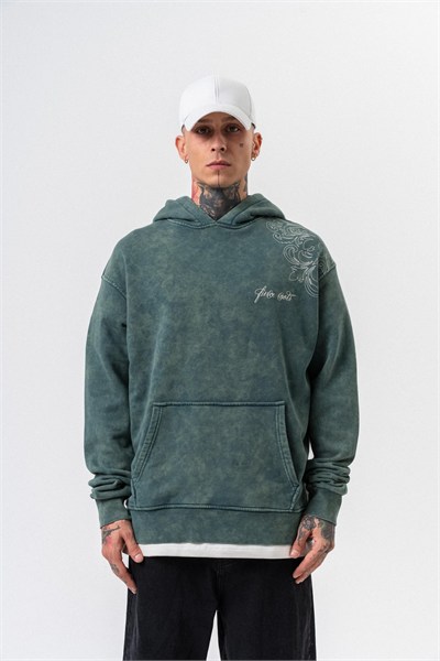 Erkek Fierce Baskılı Yıkamalı Kapüşonlu Oversize Hoodie Yeşil