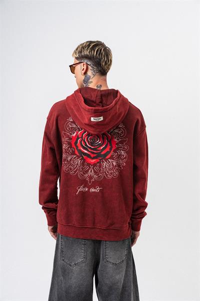 Erkek Fierce Baskılı Yıkamalı Kapüşonlu Oversize Hoodie Bordo