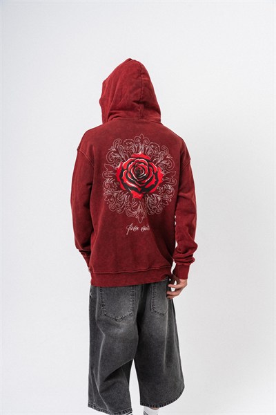 Erkek Fierce Baskılı Yıkamalı Kapüşonlu Oversize Hoodie Bordo