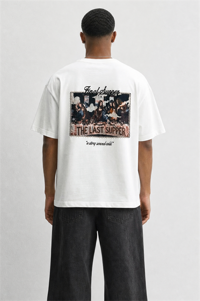 Erkek Final Supper Nakışlı Oversize T-Shirt Ekru