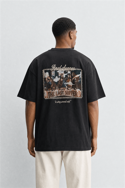 Erkek Final Supper Nakışlı Oversize T-Shirt Siyah