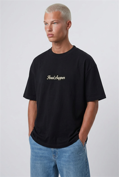 Erkek Final Supper Nakışlı Oversize T-Shirt Siyah