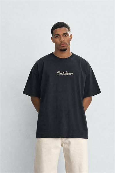Erkek Final Supper Nakışlı Oversize T-Shirt Siyah