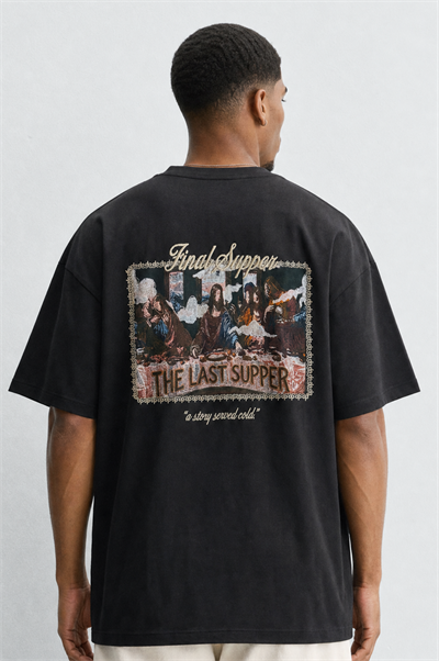 Erkek Final Supper Nakışlı Oversize T-Shirt Siyah