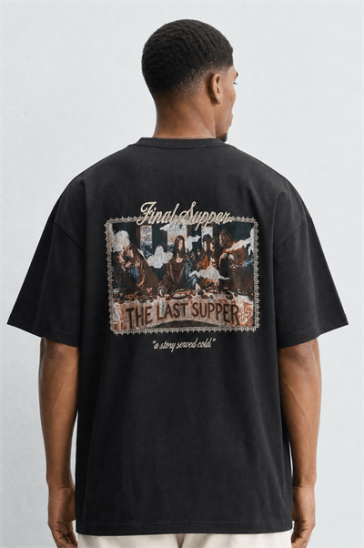 Erkek Final Supper Nakışlı Oversize T-Shirt Siyah