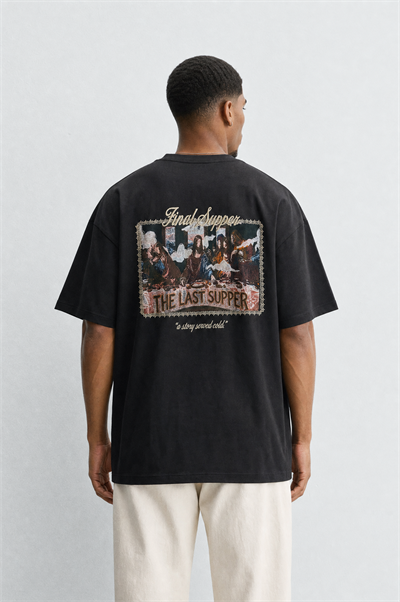 Erkek Final Supper Nakışlı Oversize T-Shirt Siyah