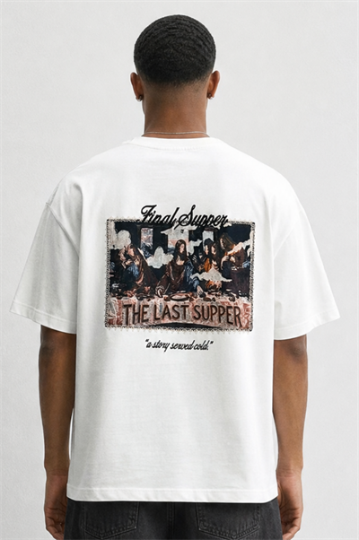 Erkek Final Supper Nakışlı Oversize T-Shirt Ekru