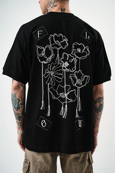 Erkek Flow Nakışlı Oversize T-Shirt Siyah