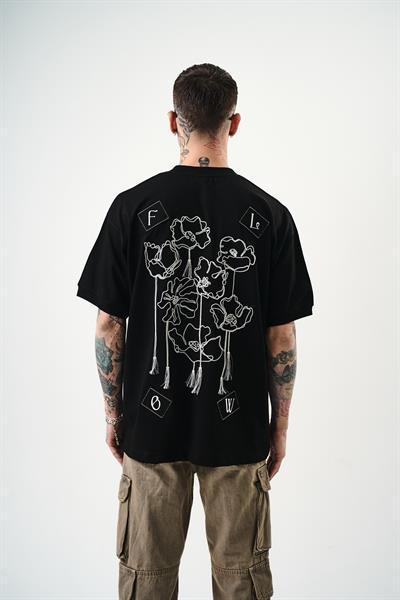 Erkek Flow Nakışlı Oversize T-Shirt Siyah