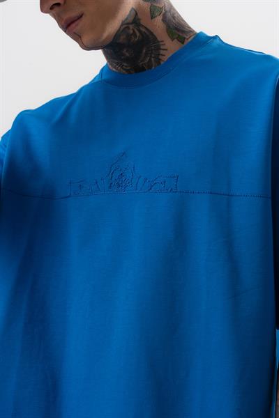 Erkek Focus Nakış Detaylı Oversize T-Shirt Saks