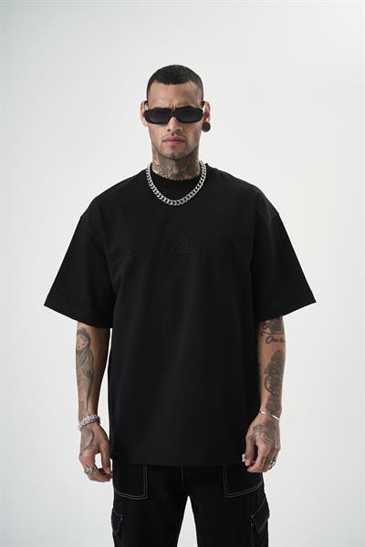 Erkek Focus Nakış Detaylı Oversize T-Shirt Siyah