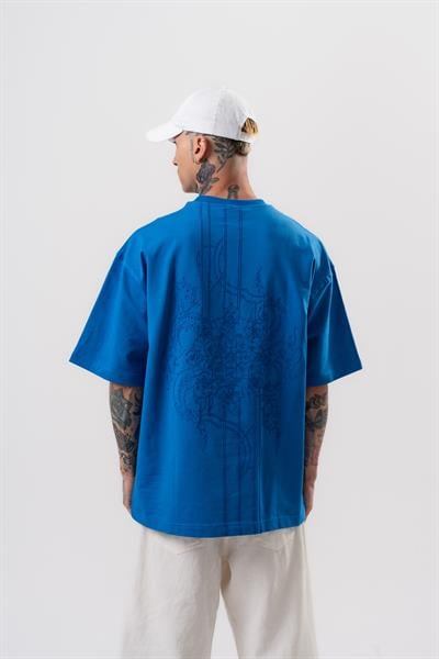 Erkek Focus Nakış Detaylı Oversize T-Shirt Saks