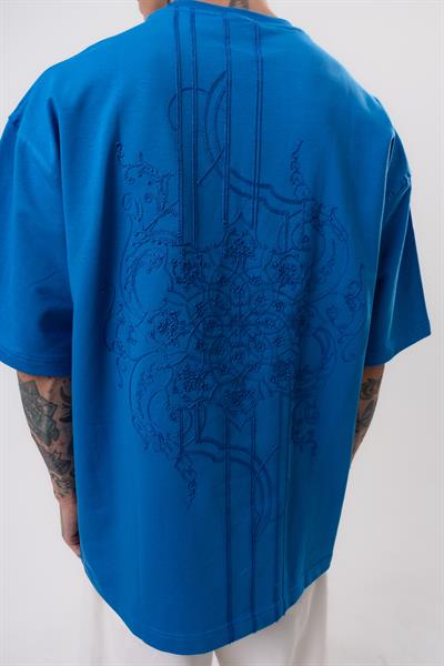 Erkek Focus Nakış Detaylı Oversize T-Shirt Saks