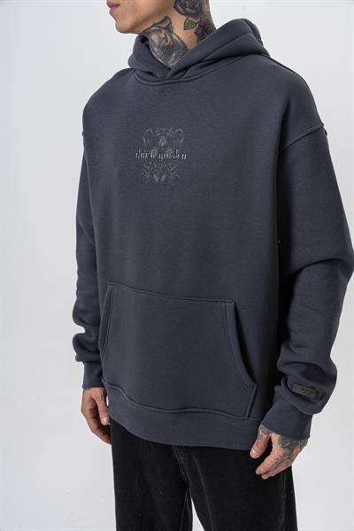 Erkek Garden Baskılı Kapüşonlu Oversize Hoodie Füme
