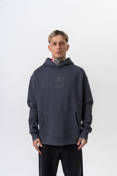Erkek Garden Baskılı Kapüşonlu Oversize Hoodie Füme