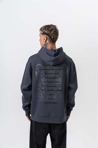 Erkek Garden Baskılı Kapüşonlu Oversize Hoodie Füme