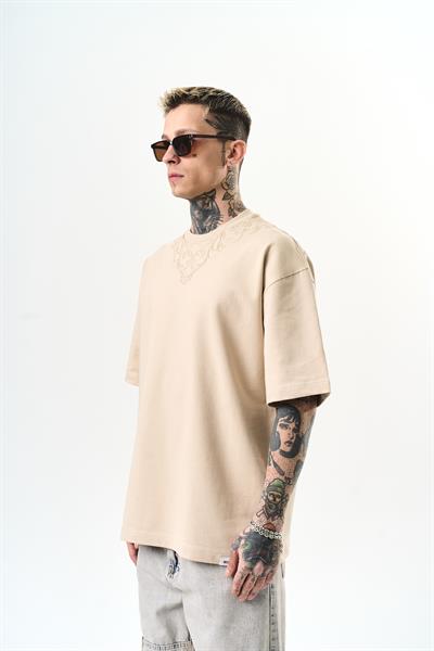 Erkek Goodly Nakışlı Oversize T-Shirt Bej