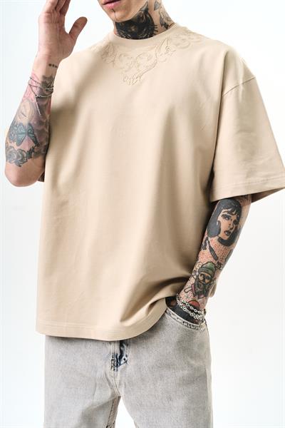 Erkek Goodly Nakışlı Oversize T-Shirt Bej