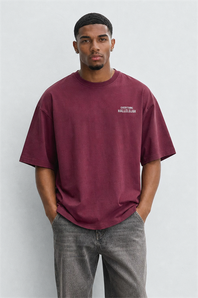 Erkek Hallelujah Baskılı Oversize T-Shirt Bordo