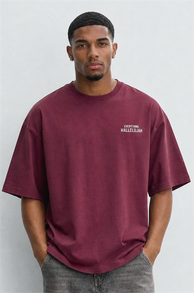 Erkek Hallelujah Baskılı Oversize T-Shirt Bordo