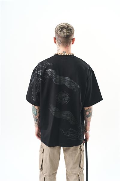 Erkek Hand Baskılı Oversize T-Shirt Siyah