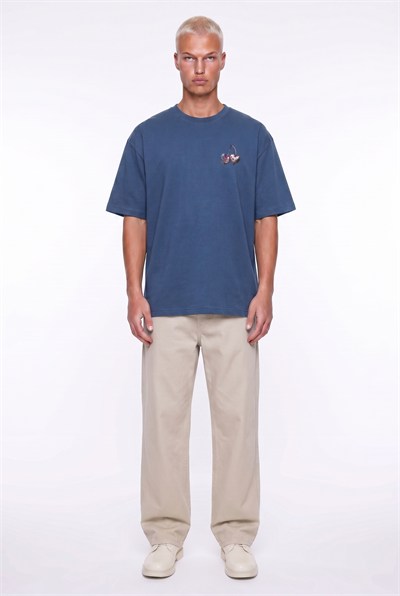 Erkek Harvest Baskılı Oversize T-Shirt Lacivert