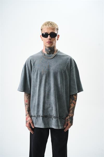 Erkek Hell Baskılı Yıkamalı Oversize T-Shirt Gri