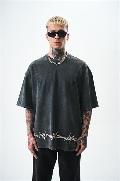 Erkek Hell Baskılı Yıkamalı Oversize T-Shirt Siyah
