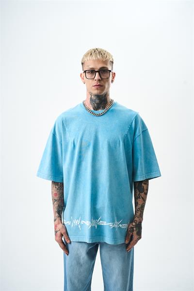 Erkek Hell Baskılı Yıkamalı Oversize T-Shirt Mavi