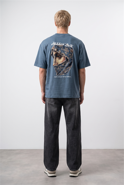 Erkek Hidden Self Baskılı Oversize T-Shirt Petrol