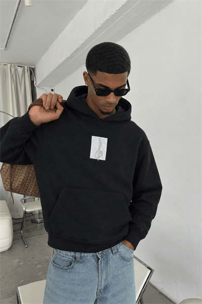 Erkek Horse Patch Detaylı Oversize Hoodie Siyah