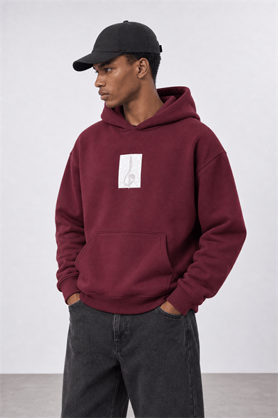 Erkek Horse Patch Detaylı Oversize Hoodie Bordo