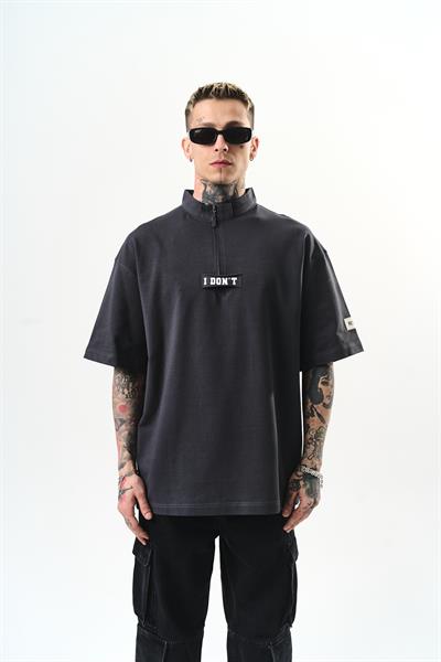 Erkek I Dont Nakışlı Oversize T-Shirt Füme