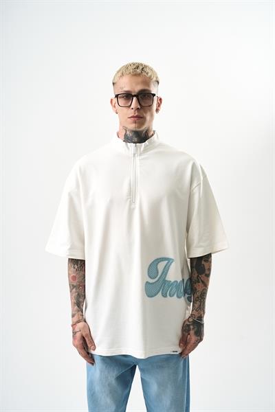 Erkek Imagined Nakışlı Yarım Fermuarlı Oversize T-Shirt Beyaz