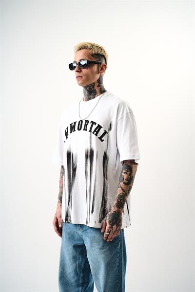 Erkek İmmortal Baskılı Oversize T-Shirt Beyaz