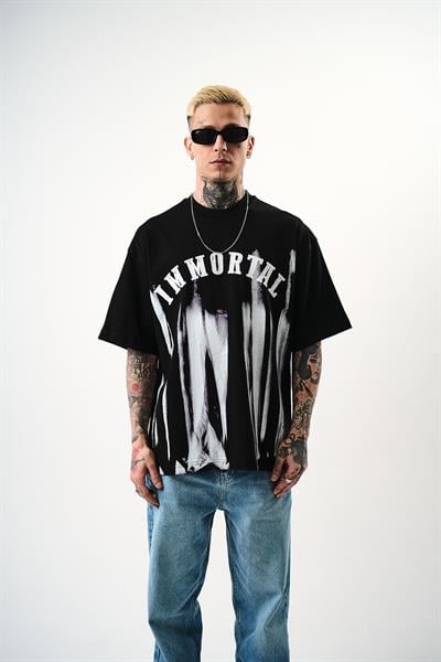 Erkek İmmortal Baskılı Oversize T-Shirt Siyah