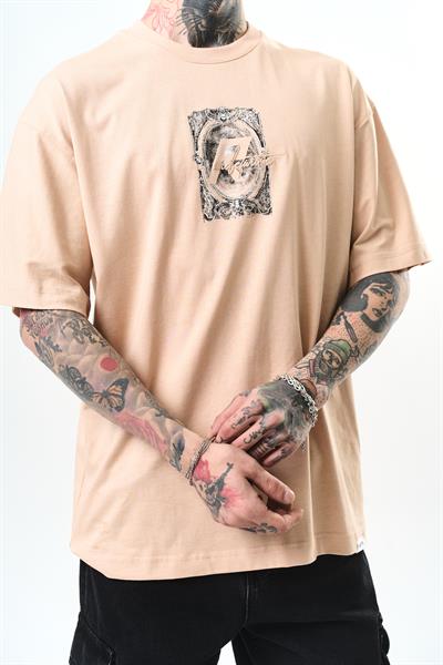 Erkek Indefinite Baskılı Oversize T-Shirt Bej